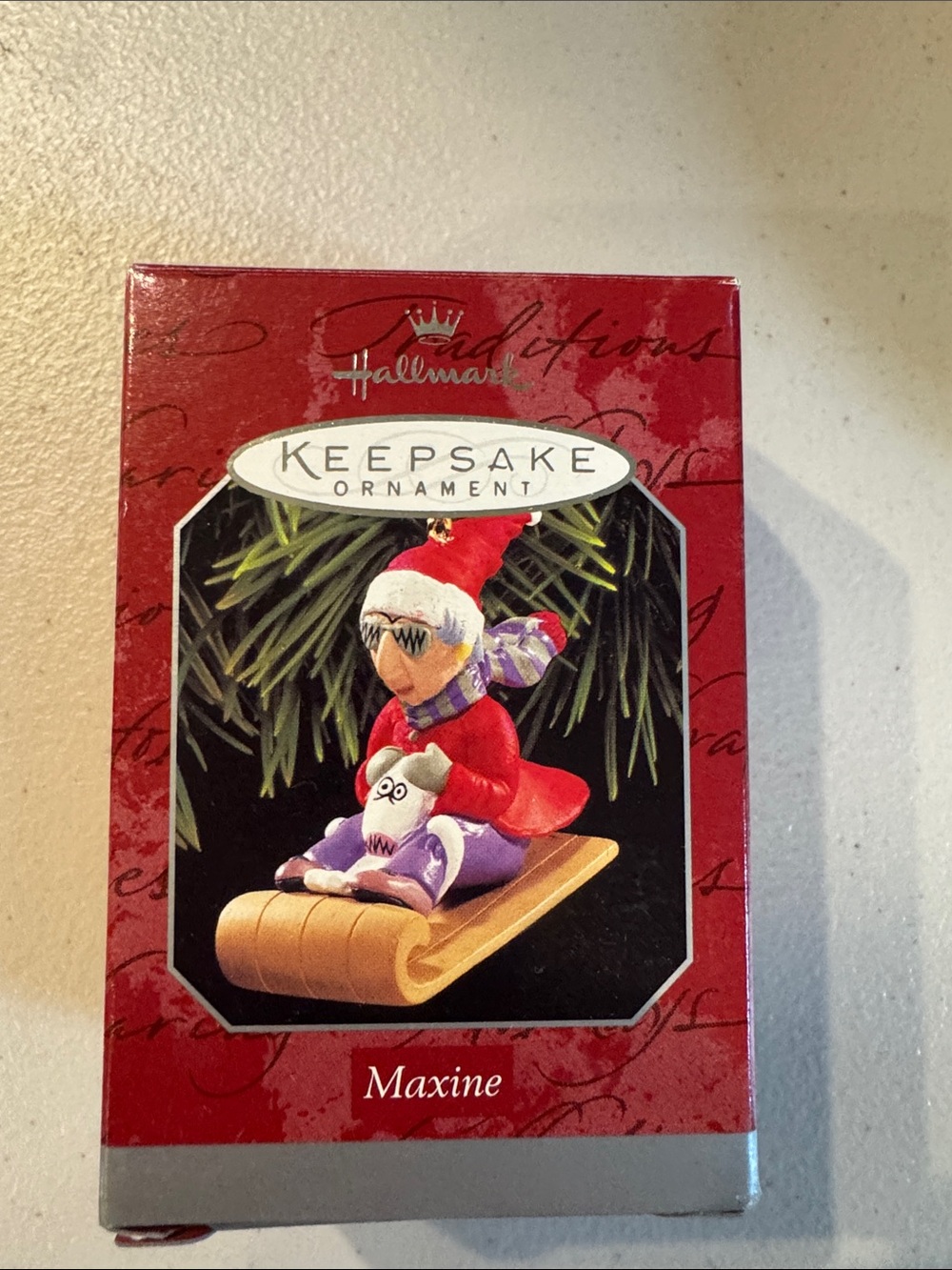 Hallmark Maxine Ornament in Red, Purple & Gold Sled